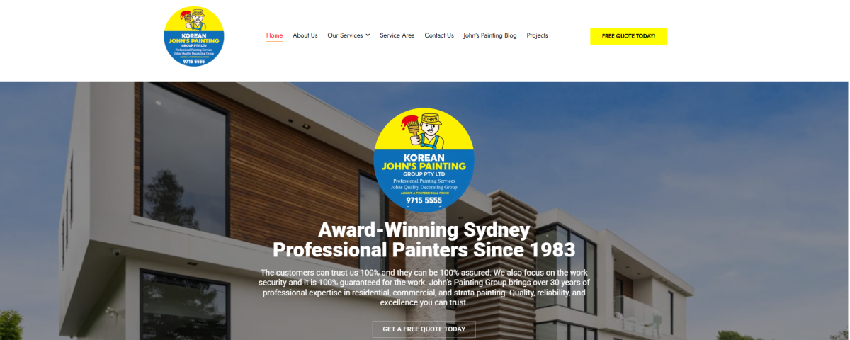 Portfolio showcase of the custom website design built for John's Painting Group, a Sydney painting contractor.