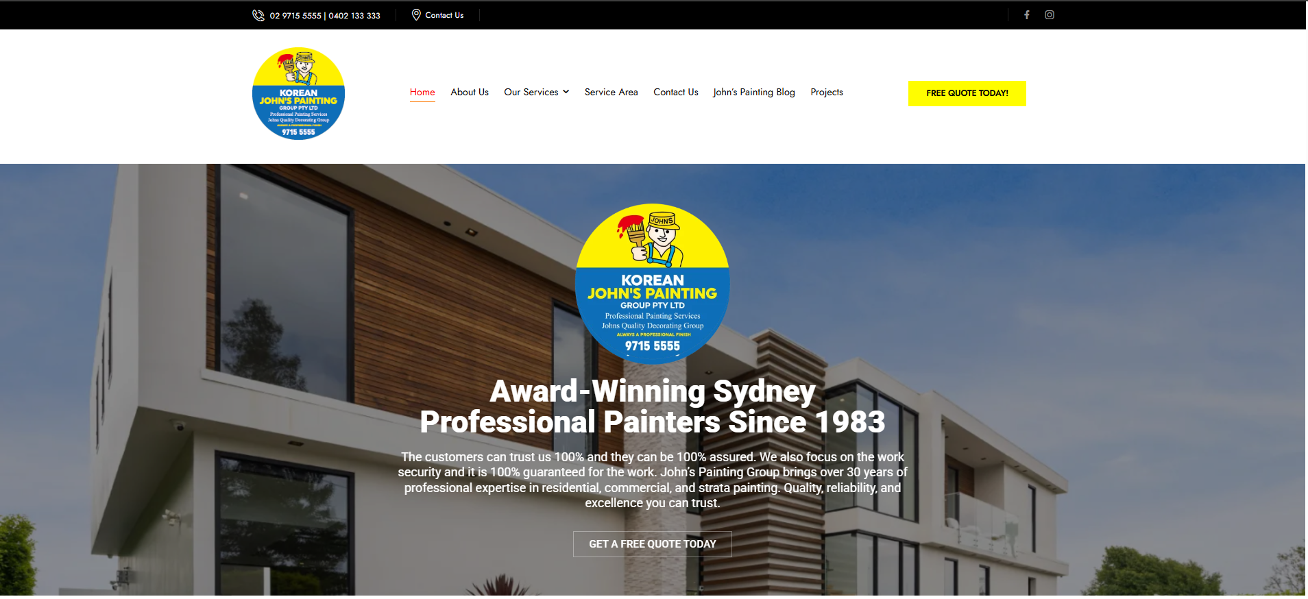 Portfolio showcase of the custom website design built for John's Painting Group, a Sydney painting contractor.